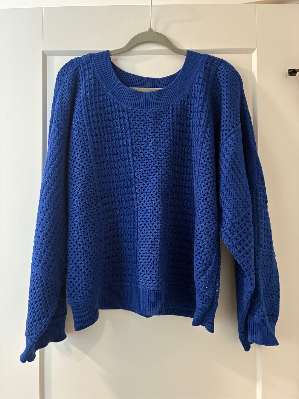 Moth Open-Knit Crewneck Sweater in Royal Blue